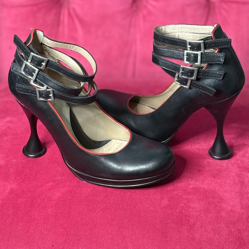 John Fluevog Black and Red Buckle Heels